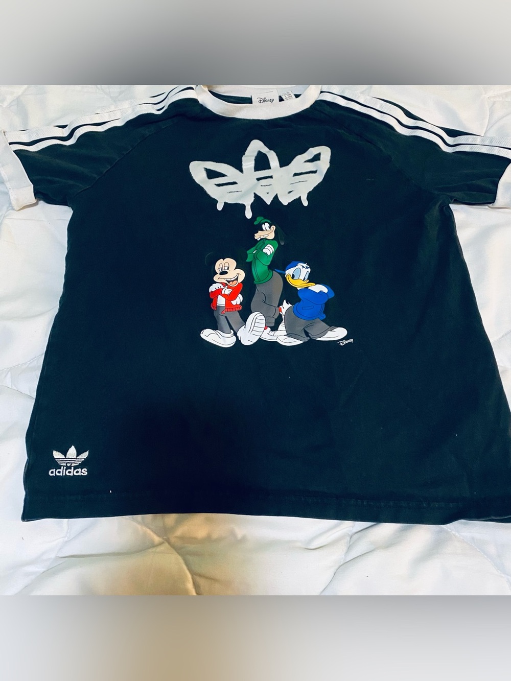 Youth medium Adidas Kids Black Disney Graphic Tee with Mickey, Goofy & Donald